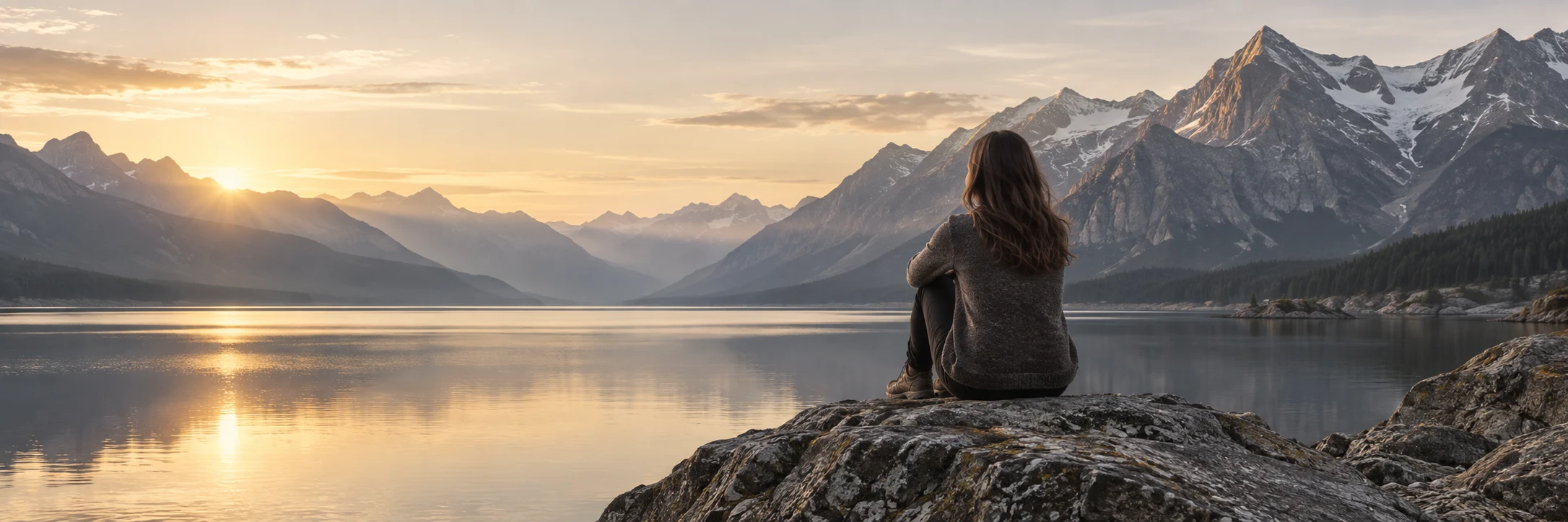 Mujer contemplando un lago entre montañas